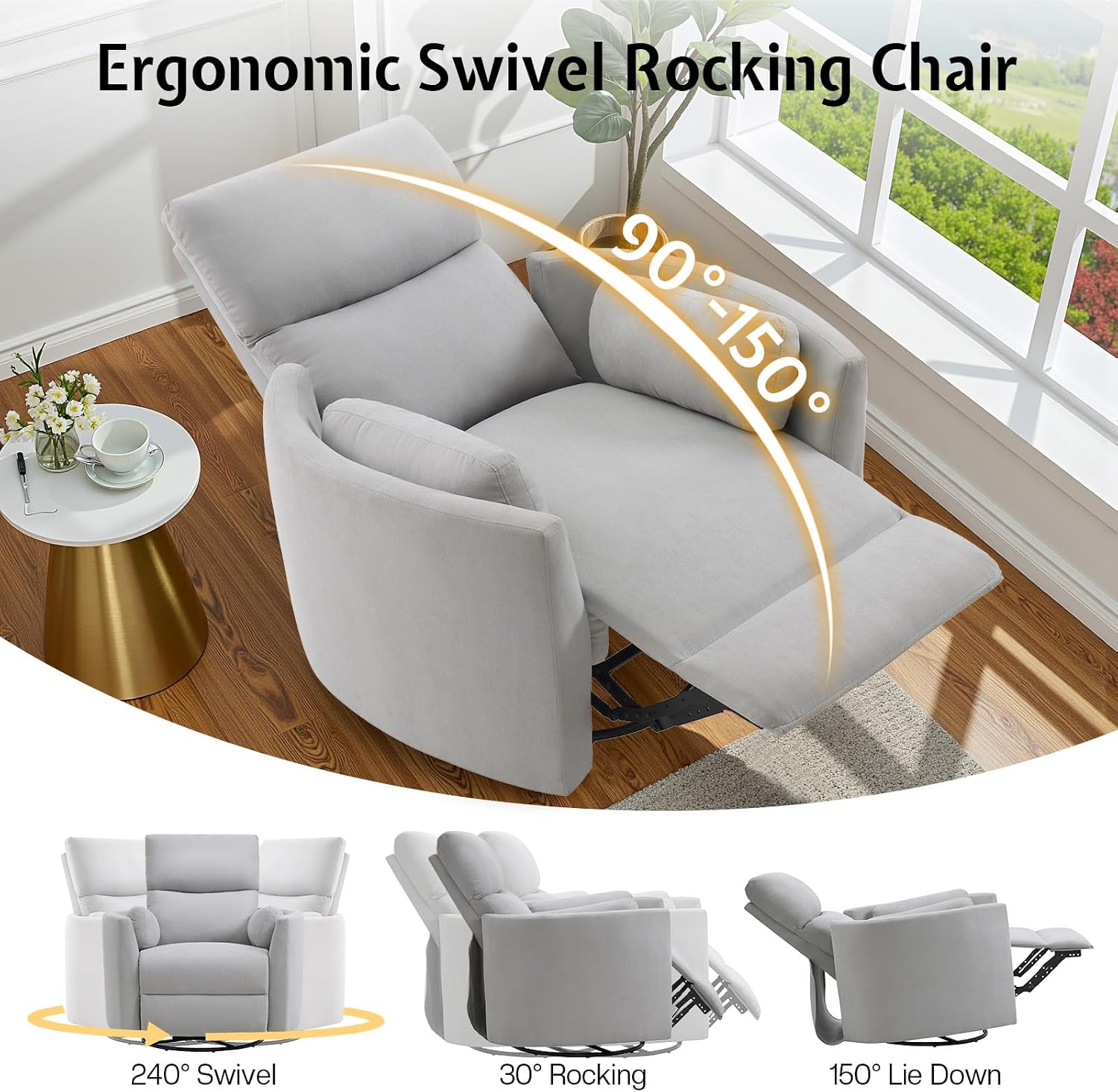 Jocisland Power Rocking Nursery Chair/Swivel Recliner/USB, Grey Fabric | Oversized Glider Chairs,Fabric,2 Pillows,USB & Type-C,Reclining Armchair Sofa,Living Room,Bedroom,Nursing