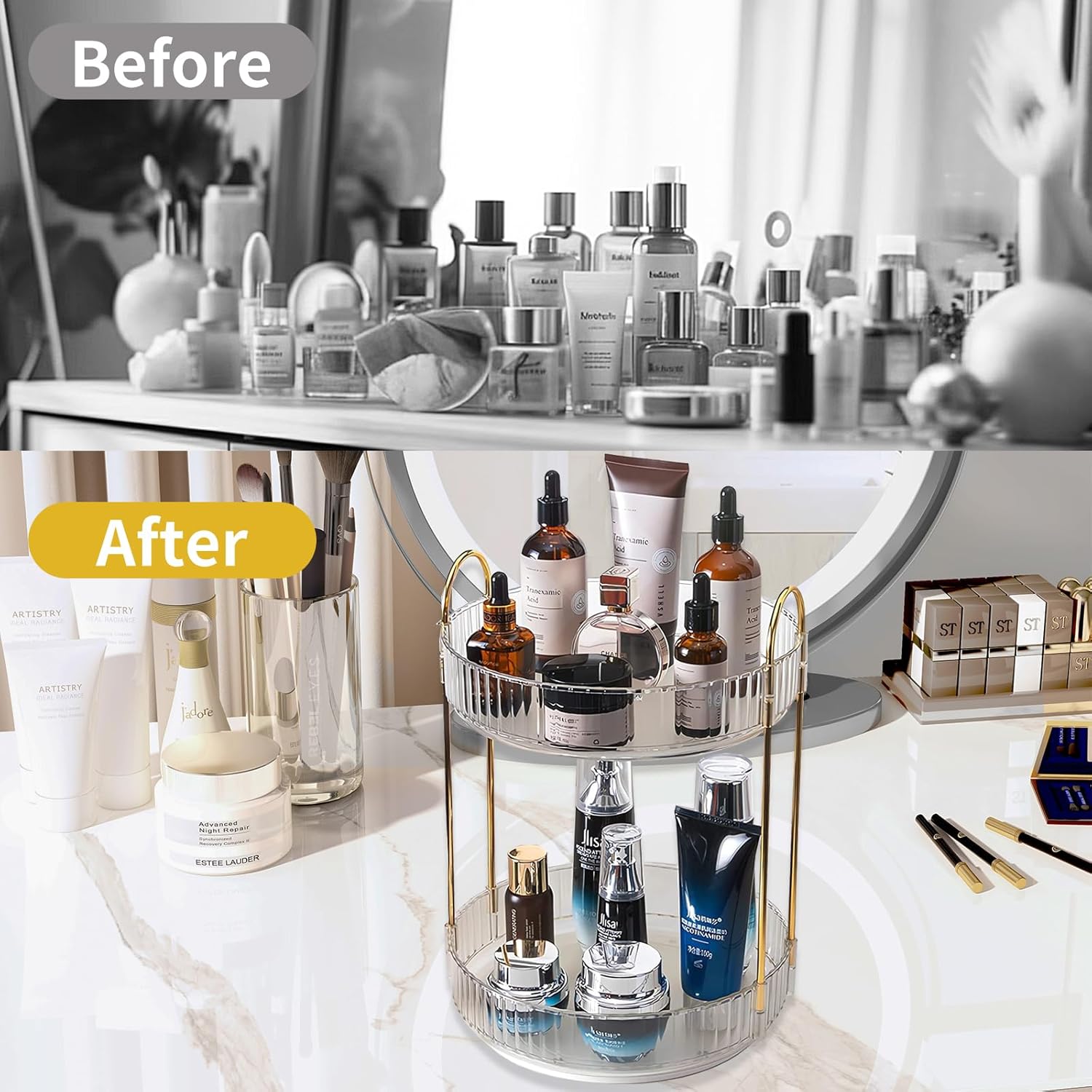 360 Rotating Makeup Organizer,2 Tier Large Capacity Make Up Organizers and Storage,Skincare Perfume Vanity Organizers,Bathroom Cosmetics Storage Organizer Countertop(Clear-2 Tier)
