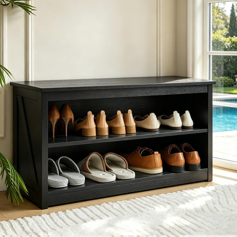 Farmhouse Storage Bench with 2-Tier Open Shelf, Shoe Bench with Cushion for E...