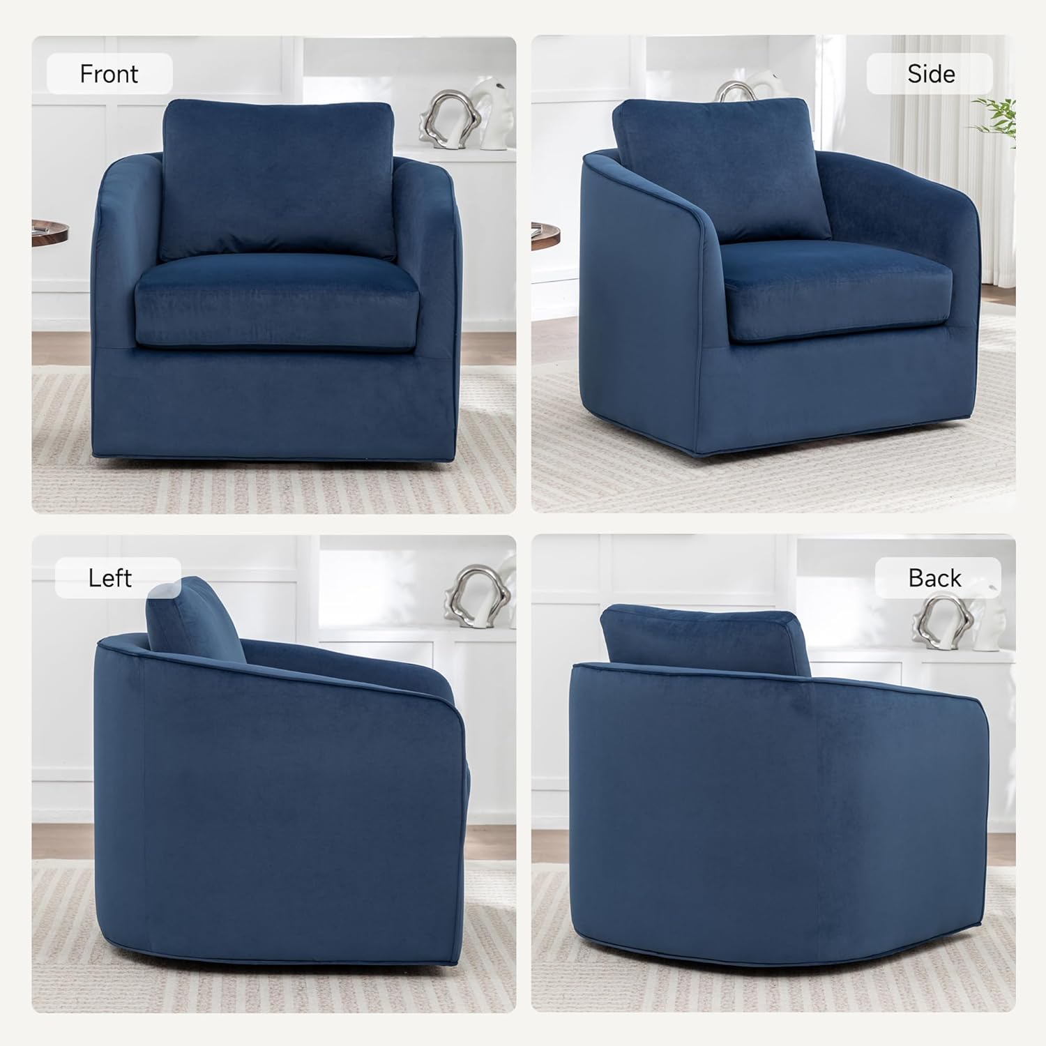 MINCETA Swivel Accent Chairs, Oversized Swivel Barrel Chair with High Density Foam, Velvet Fabric Reading Chairs, Upholstered Armchair for Living Room, Bedroom, No Assembly, Blue