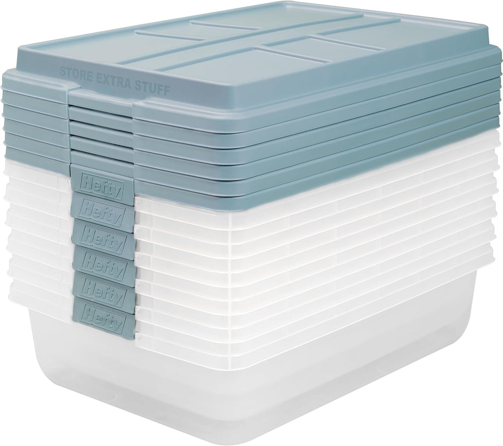 Hefty HI-RISE 40 Qt Stackable Storage Bins with Lids – 6 Pack Clear Plastic Under Bed Storage Containers, Shoe Organizer Boxes with XL Lid-Locking Latches, Comfort-Grip Handles, Durable Double Rim