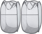 Larpur 2 Pcs Popup Mesh Laundry Baskets, Collapsible and Portable Clothes Washing Laundry Hampers with Reinforced Carry Handles, Gray Clothes Hamper for Home, Travel, College Dorm