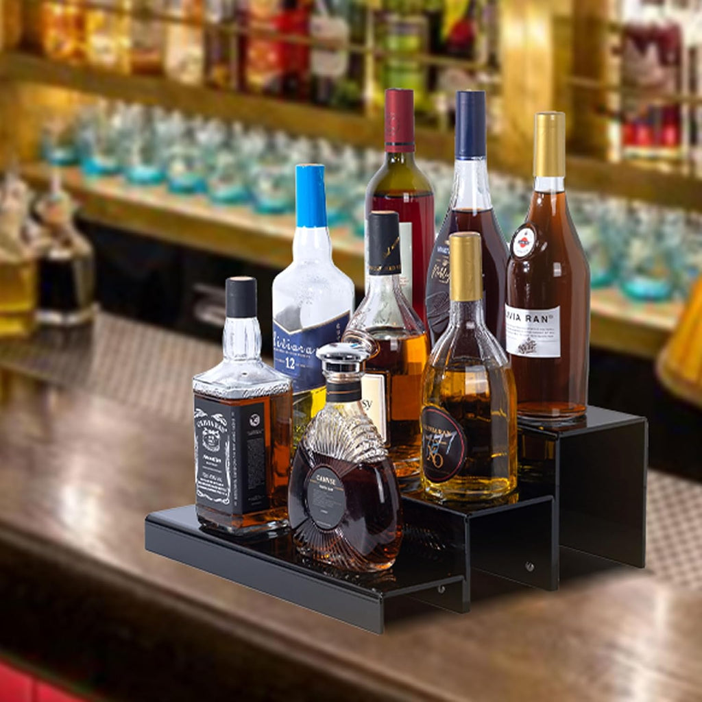 3 Tiers Bar Shelves for Liquor Bottles, 15" Black Acrylic Risers Display Racks Stands for Figures Pops Cupcake Perfume Collections (Patent: D1076520S)