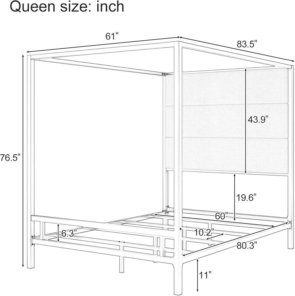 Queen Size Modern Black Canopy Bed with Tall Headboard
