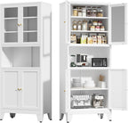 COFaR 69" Metal Pantry Cabinet,Metal Storage Cabinet with 2 Glass Doors | Tall Kitchen Pantry with Doors and Shelves, Microwave Shelf, Freestanding Cupboard for Kitchen, Dining Room, Bathroom, White