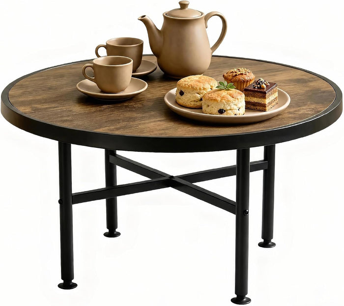 Industrial Round Wood Coffee Table for Living Room