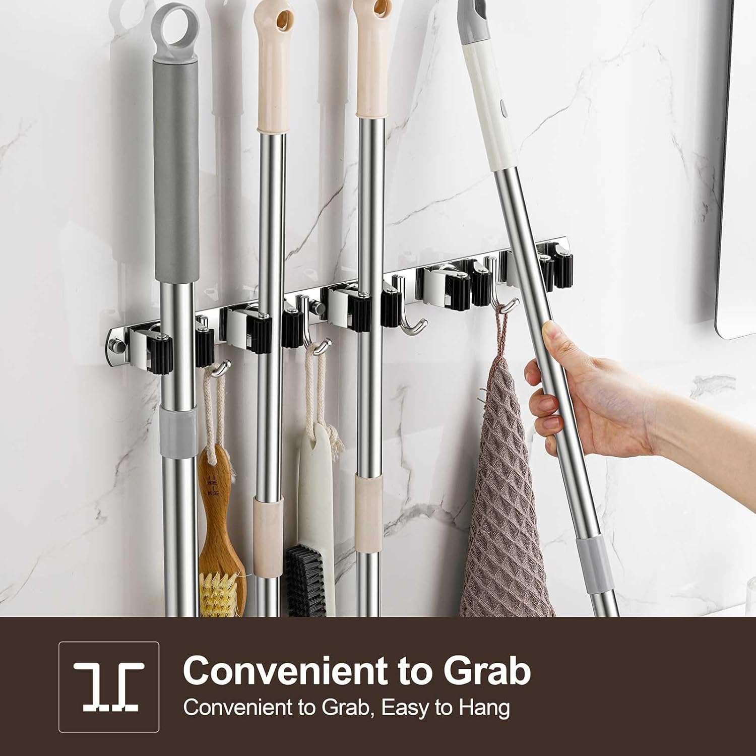 2 Pack Broom Holder Wall Mount, Stainless Steel Broom Hanger Wall Mount, Heavy Duty Mop and Broom Holder Tool Racks Utility Hooks for Laundry Room Garden Garage, Grey (5 Racks and 4 Hooks)