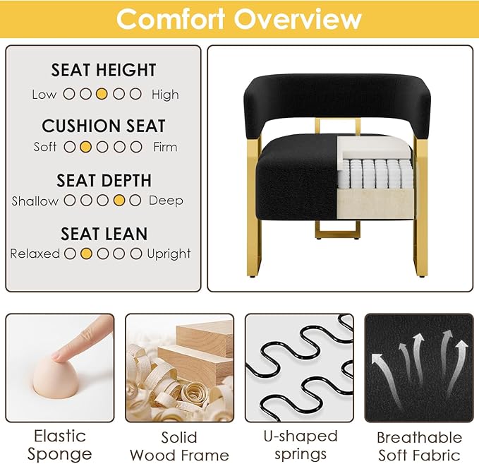 STHOUYN Modern Black Boucle Dining Chairs Set of 4 with Gold Metal Legs, Mid Century Barrel Kitchen Chairs Set, Upholstered Accent Armchairs Dining Room Set, Living Room, Apartment (Black, 4pcs)