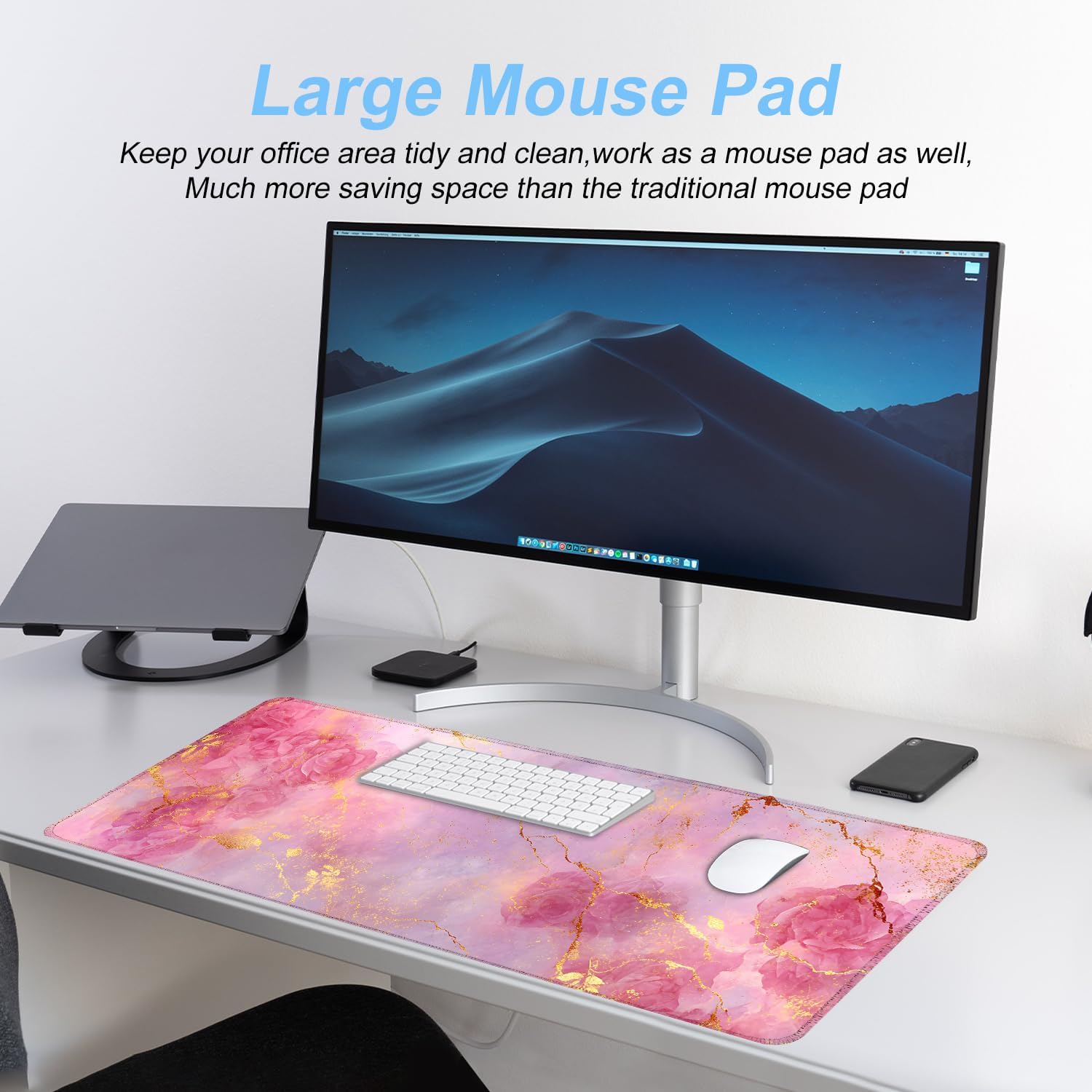 Elegant Pink Rose and Gold Marble Mouse Pad – 31.5" x 11.8" Extended Desk Mat with Abstract Floral Design – Luxurious Non-Slip Surface for Office & Home Decor