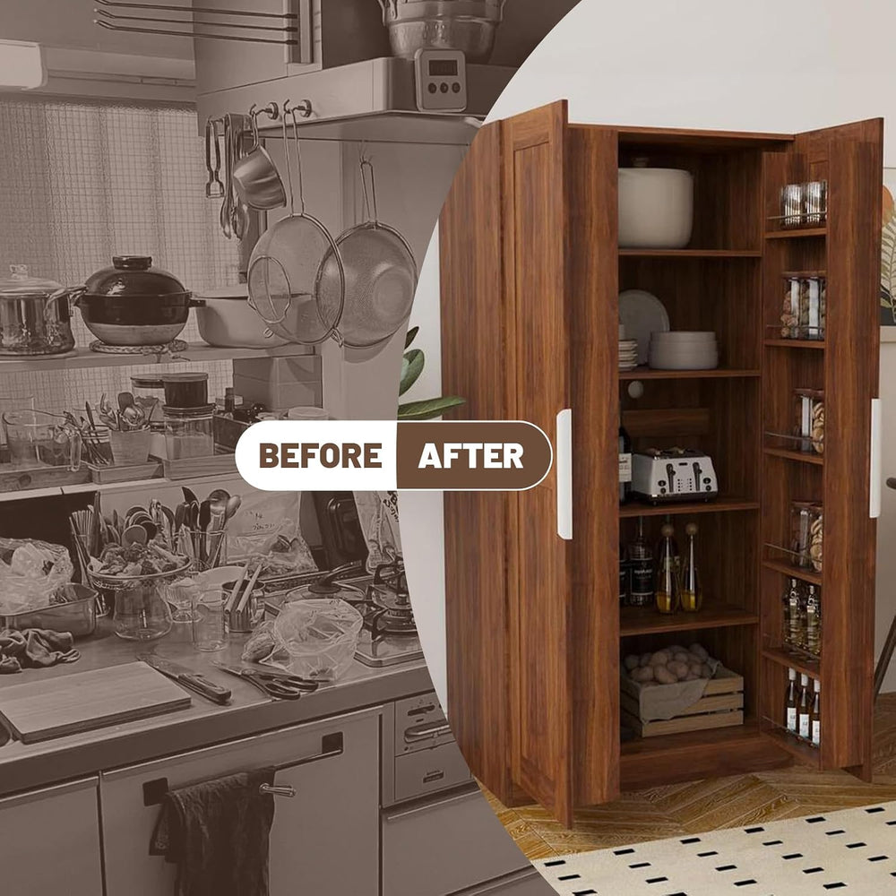 62.99'' Walnut Kitchen Pantry Cabinet Tall Freestanding Pantry Storag...