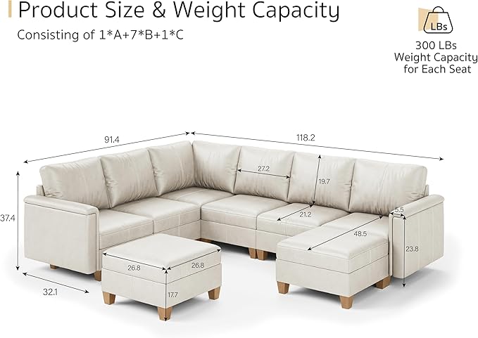 SITJOY 118" Faux Leather Modular Sectional Sofa with Storage, Mid Century Modern Sectional Couches for Living Room, 6 Seater V Shaped Couch with Chaise, Greige