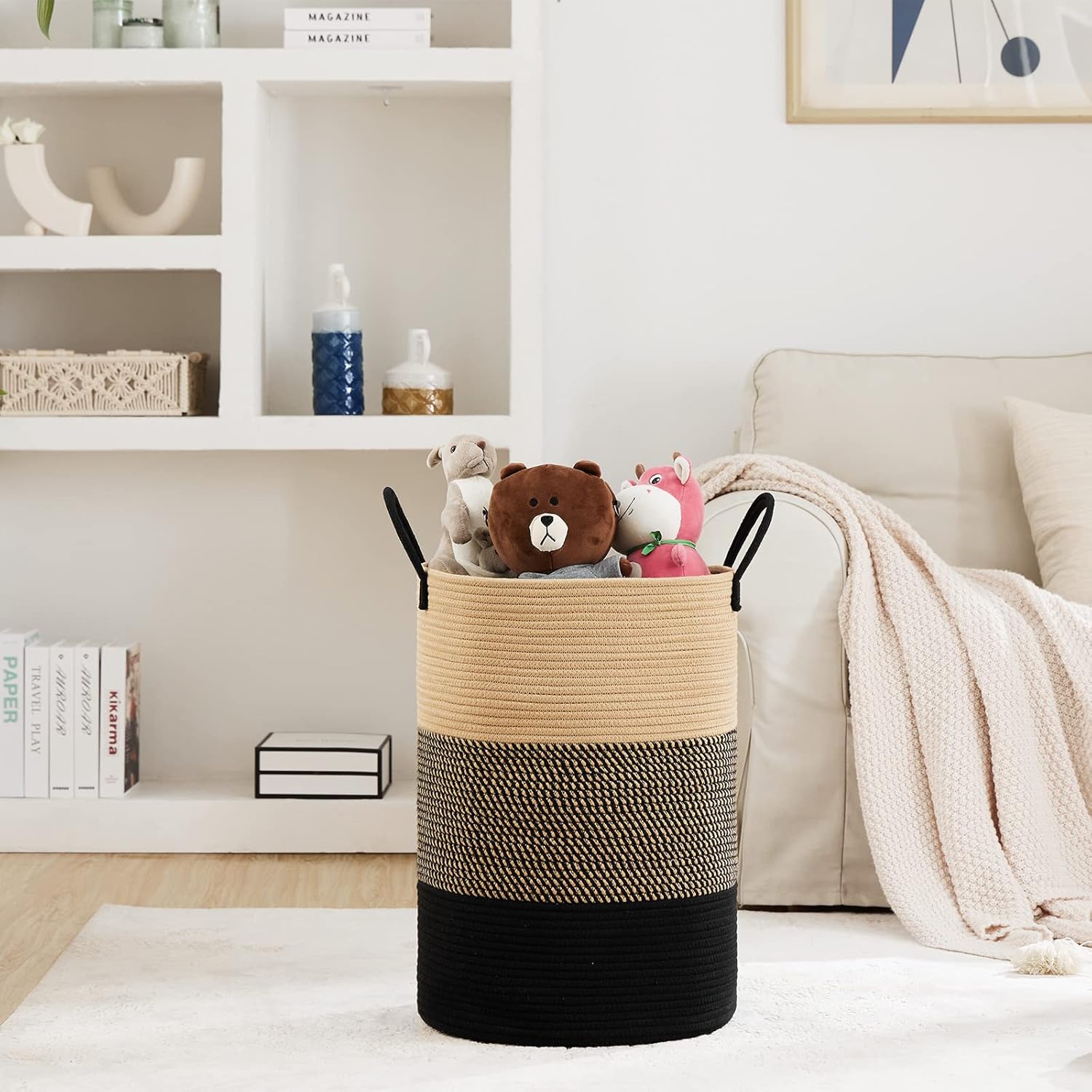 Fiona's magic 100L Extra Large Laundry Hamper Basket, 26.4Gal Tall Woven Laundry Basket Storage, Baby Nursery Hamper for Blankets, Clothes Hamper for Bedroom and Living Room Organizing, Brown & Black