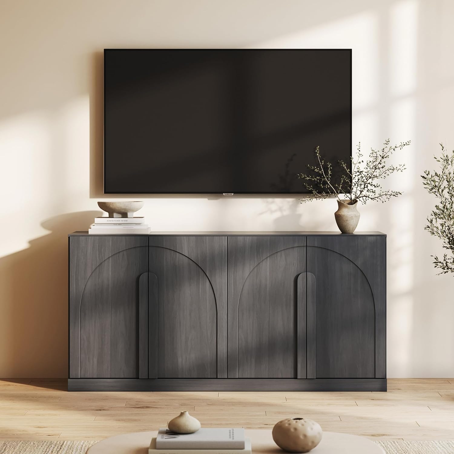 BELLEZE Bijou 64" Modern Buffet Sideboard, Mid-Century Arch Carved Wood Door Cabinet, Textured Storage Console for Living Room, Kitchen, Entryway - Ebony