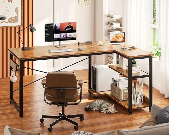 Casaottima L Shaped Computer Desk, 48 Inch Small Corner Desk with Storage Shelves & PC Stand, Reversible Gaming Desk for Bedroom, Modern Writing Study Table for Home Office, Vintage
