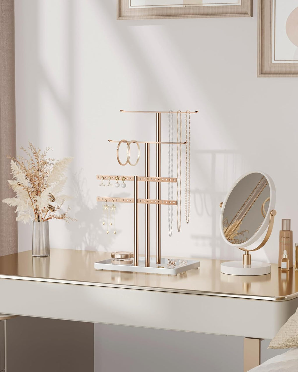 pickpiff Jewelry Stand Holder Organizer: 14.5" Sturdy Hanger for 80 Pcs Jewelry, Rose Gold Jewlery Tower for Display Necklace, Earring, Bracelet, Watch