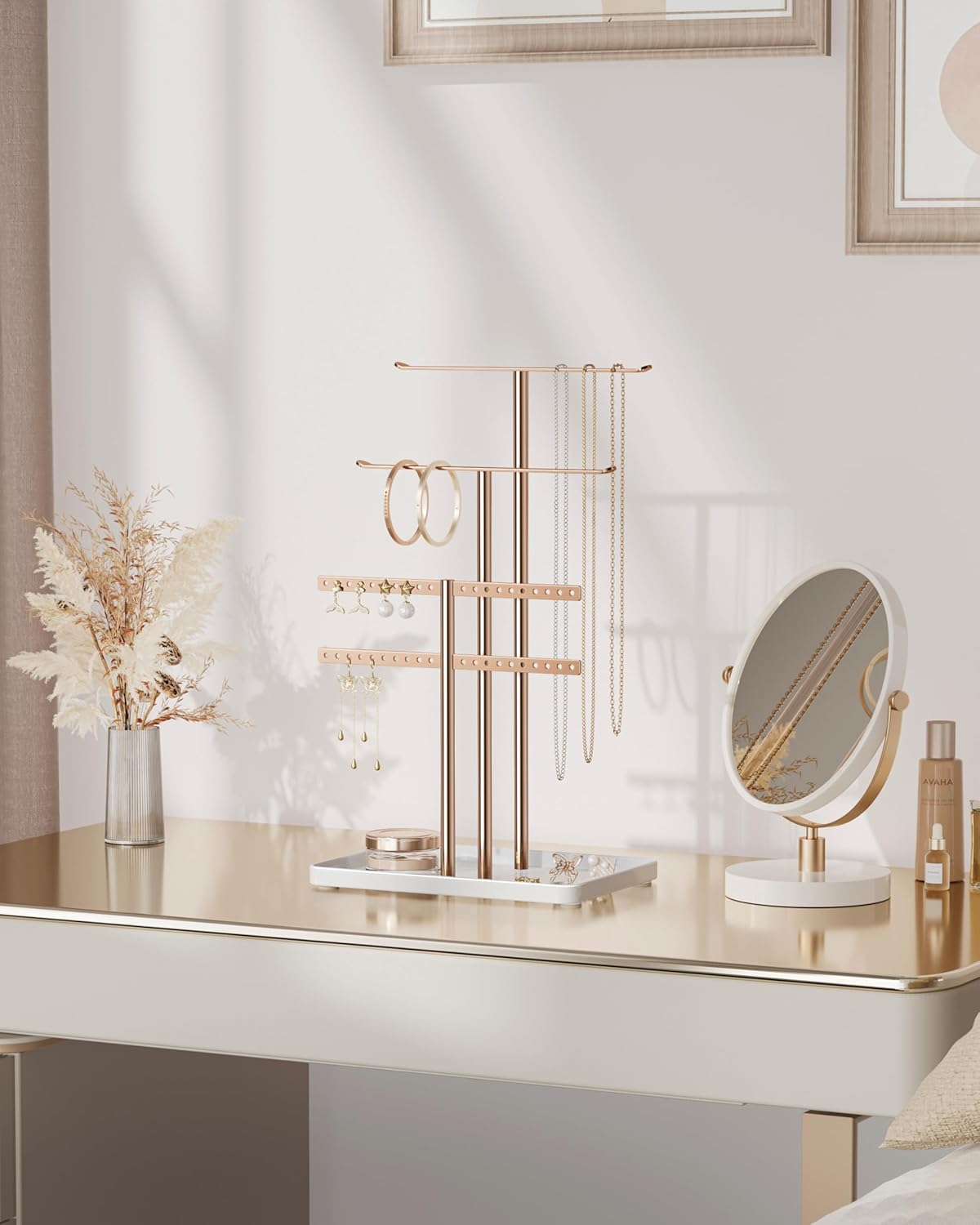 pickpiff Jewelry Stand Holder Organizer: 14.5" Sturdy Hanger for 80 Pcs Jewelry, Rose Gold Jewlery Tower for Display Necklace, Earring, Bracelet, Watch