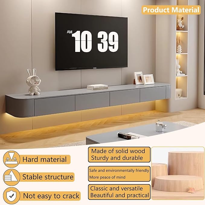 Floating TV Stand with Drawers, Pre-Assembled Wall Mounted TV Console, Modern Floating Media Console for Living Room, Space-Saving Floating TV Cabinet (Gray, 86.6in/220cm)