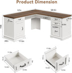 Farmhouse L Shaped Executive Desk with 4 Drawers and Charging Station, Wood Corner Home Office Computer Desk with File Cabinet Storage, Hidden Under Desk Storage Shelf, Headphone Hook - Brown+White