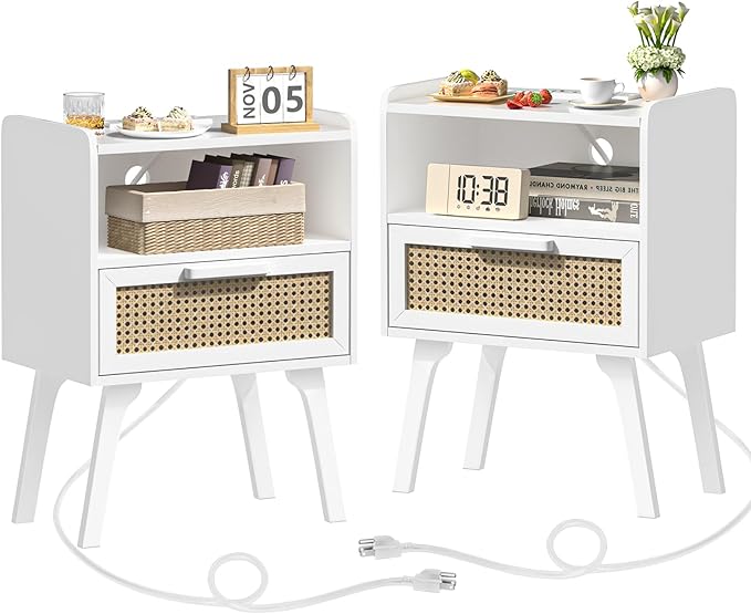 Lerliuo Rattan Nightstands Set of 2 with Charging Station, White Bedside Tabl...