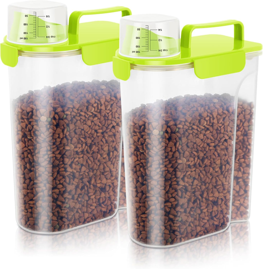 5 LBS/6Qt Pet Storage Container Portable with Upgraded Large Spout and Cup, Plastic Dog Cat Food Dispenser for Small Animal Kibble, Bird Seed, Oatmeal, Rice, Flour, Brown Sugart-2 Pack Sunshine Green