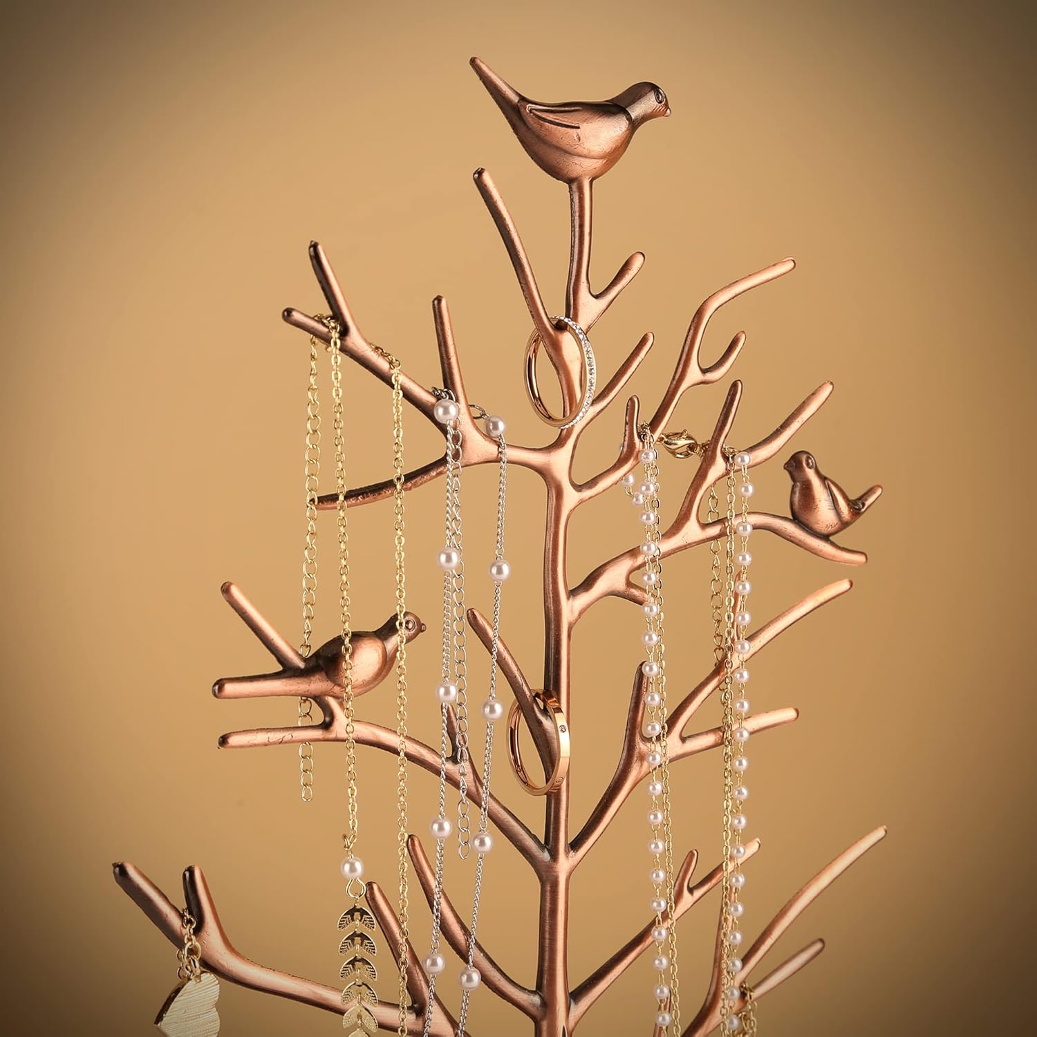 MORE&LESS Branch Jewelry Rack with wood tray,Retro color,Tree Tower Rack Hanging Organizer for Ring Earrings Necklace Bracelet,Suitable for living rooms, bathrooms,offices,etc.