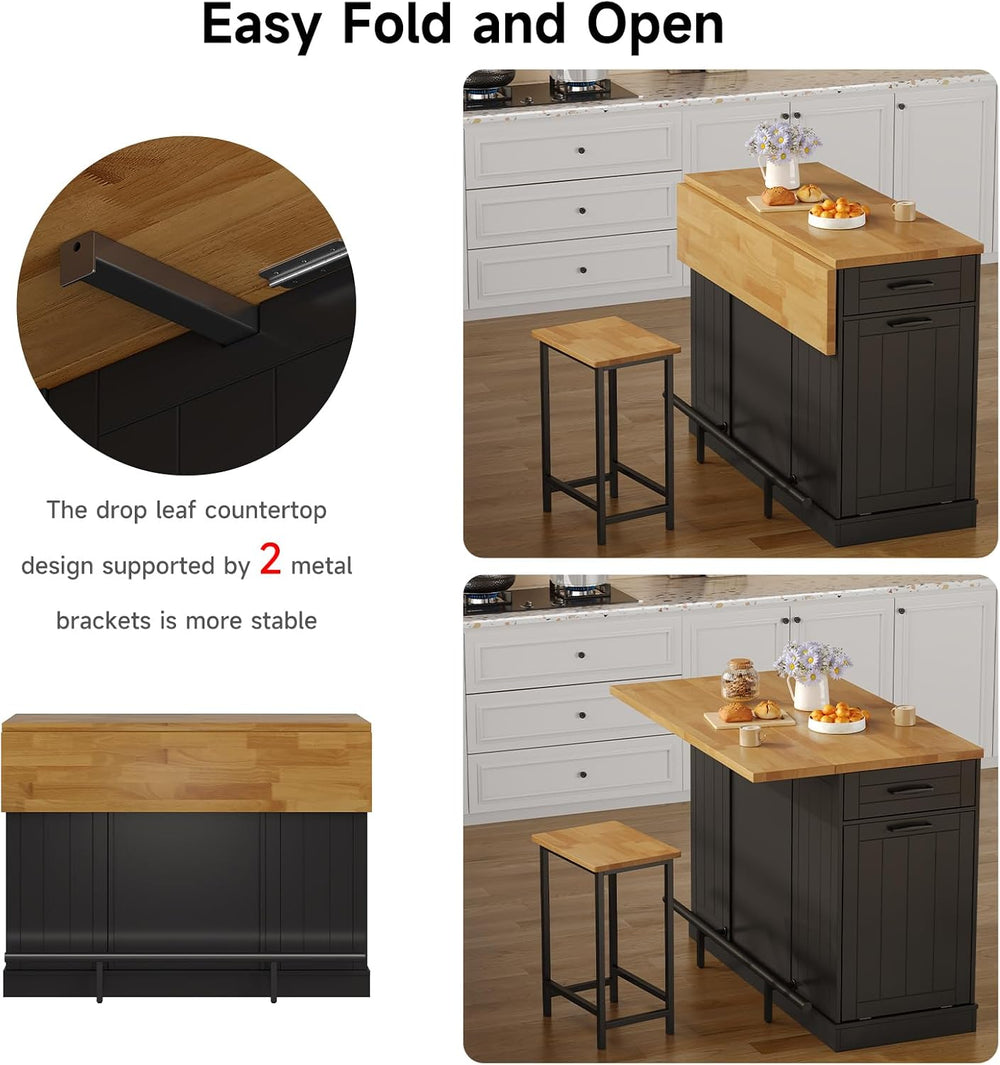 47" Kitchen Island with Seating, Include 2 Chairs, Black | Stationary Is...
