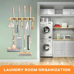 IMILLET Mop and Broom Holder Wall Mount, Bamboo Broom Hanger with 4 Racks and 5 Hooks, Laundry Room Decor, Self Adhesive Over the Door Broom Organizer, Wall Organizer for Home Garage Closet (1 Pack)