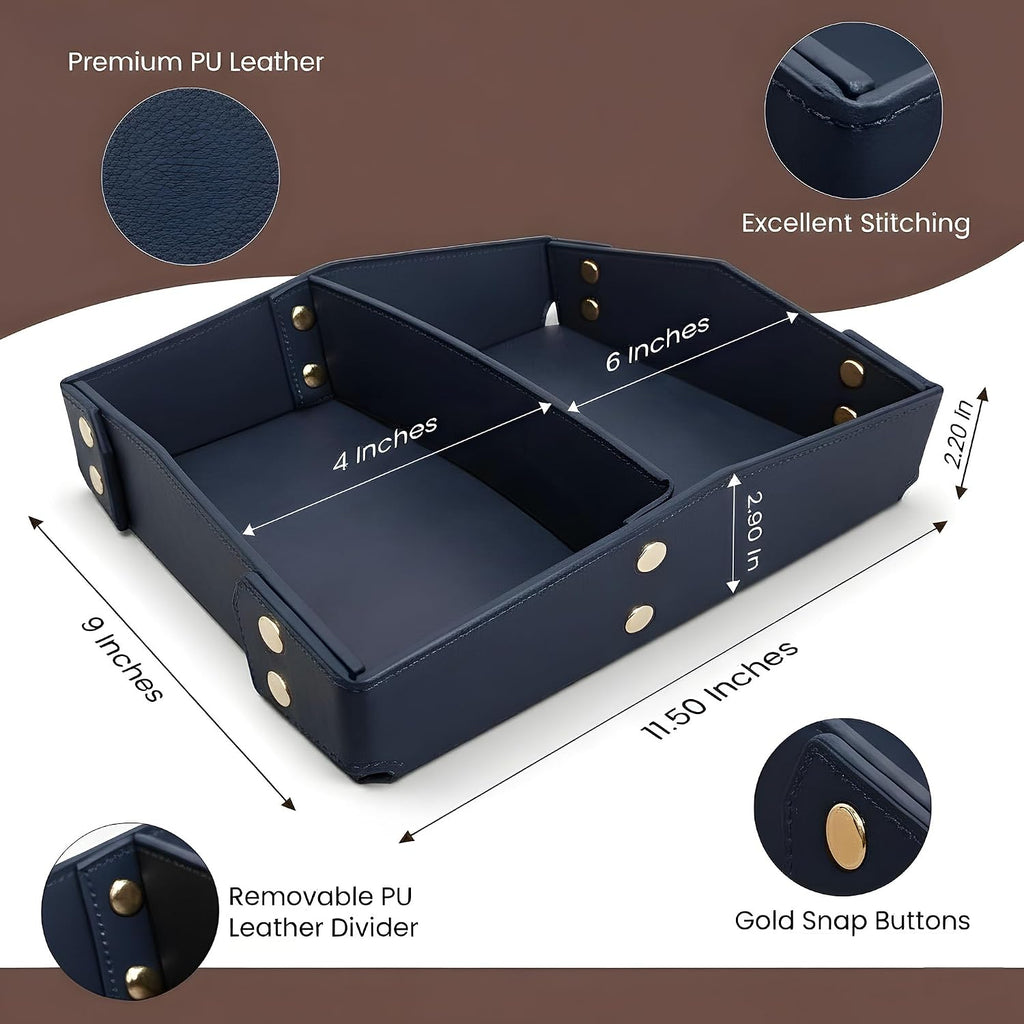 Valet Tray Organizer for Men & Women - PU Leather Catch All Tray with Removable Divider - EDC Storage for Keys, Watch, Phone - Nightstand, Dresser & Desk Organizer - Pacific Navy
