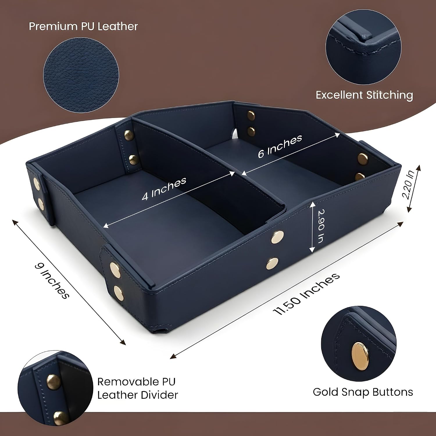 Valet Tray Organizer for Men & Women - PU Leather Catch All Tray with Removable Divider - EDC Storage for Keys, Watch, Phone - Nightstand, Dresser & Desk Organizer - Pacific Navy