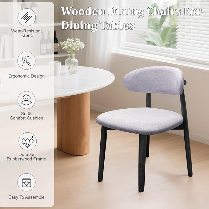 Farmhouse Dining Chairs Set of 4, Mid Century Modern Fabric Upholstered Kitchen Chairs, Wooden Dining Room Chair with Curved Back&Black Legs for Kitchen Dining Room Restaurant Cafe, Blue (Only Chairs)