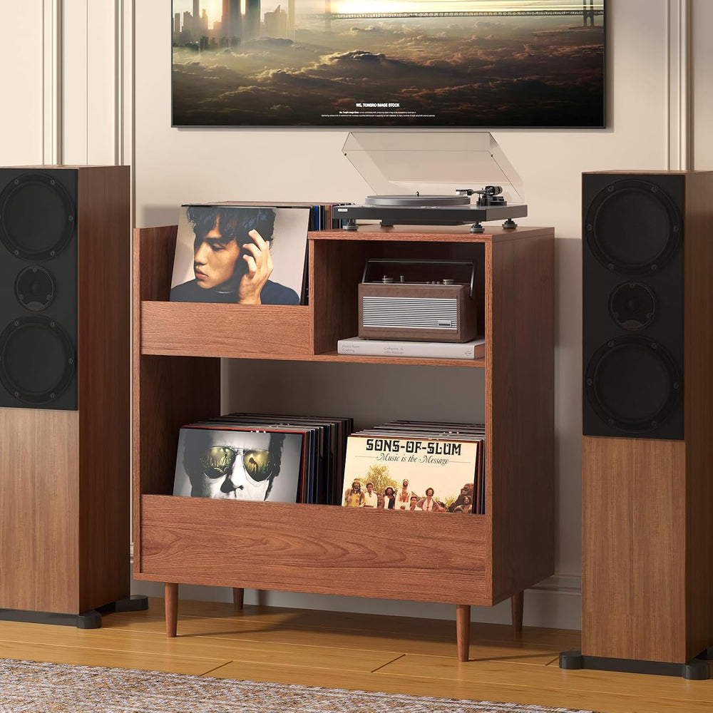 BROTTAR Mid Century Modern Record Player Stand，2-Tier Vinyl Record Storage