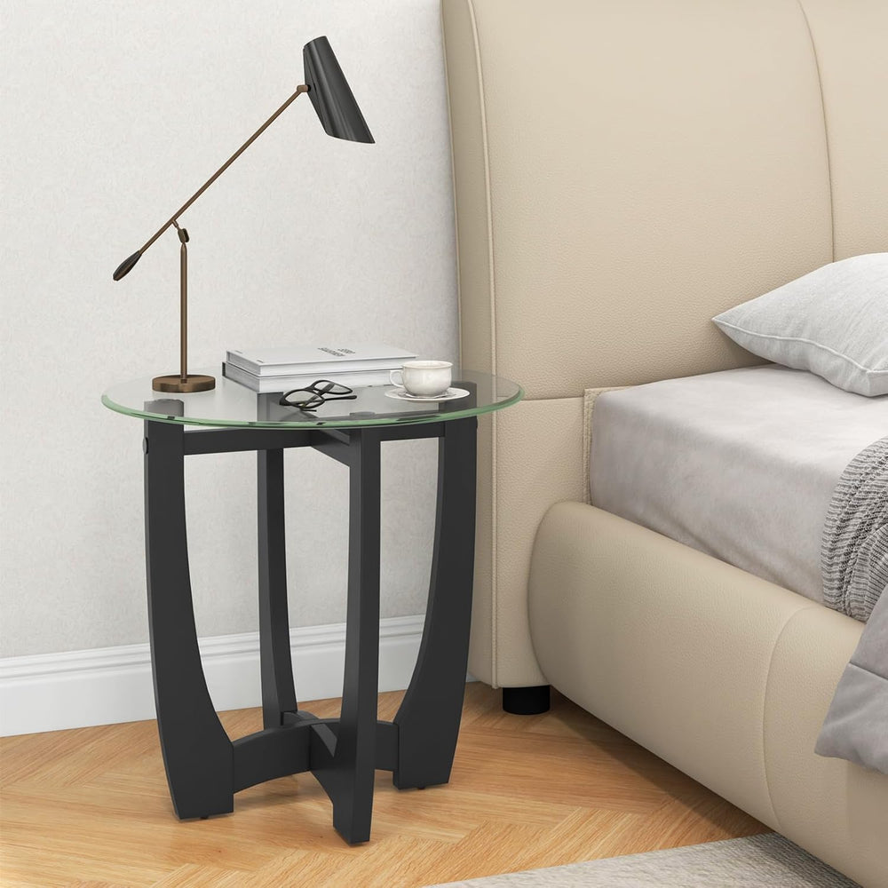 Giantex Glass End Tables Set of 2, Round Side Tables with Rubber Wood Frame &...
