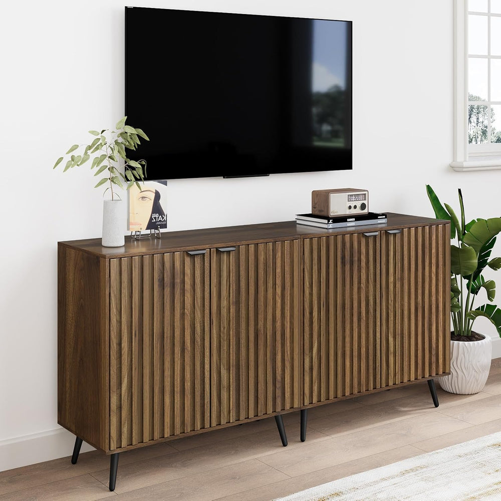 Smuxee Fluted Sideboard Cabinet, Freestanding Walnut Buffet Cabinet with Adju...