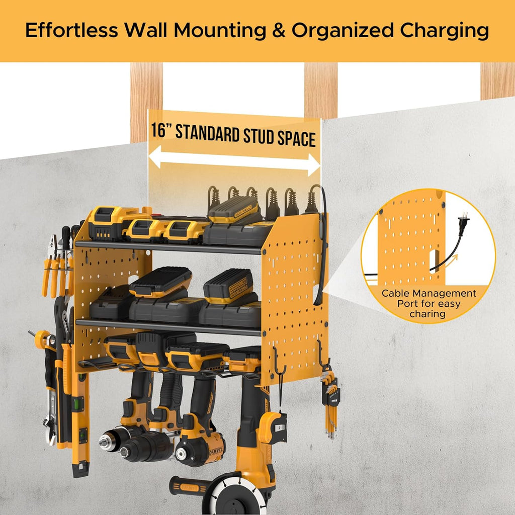 CRST Power Tool Organizer Wall Mount with Charging Station, Cordless Drill Holder with 8-Outlet Power Strip, Modular Garage Organization Storage Rack Shelf, DIY Pegboard, Gift for Men Yellow
