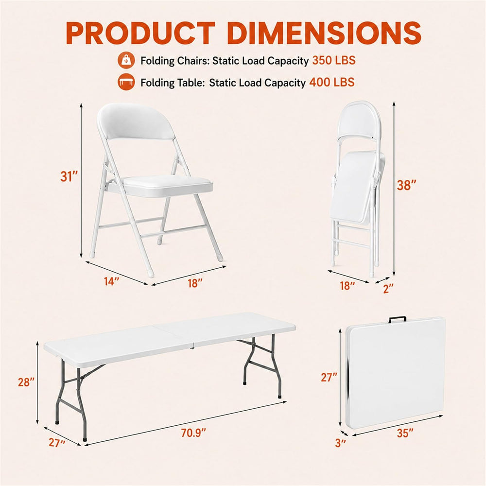 6FT White Plastic Folding Table Set with 6 White PU Padded Chairs | Portable ...