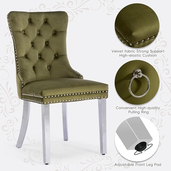 Velvet Upholstered Dining Chairs Set of 6, Modern Kitchen Side Chairs with Nailhead Trim and Silver Plated Leg, Metal Pulling Ring for Dining Room Living Room(Olive Green-Silver Plated Leg)