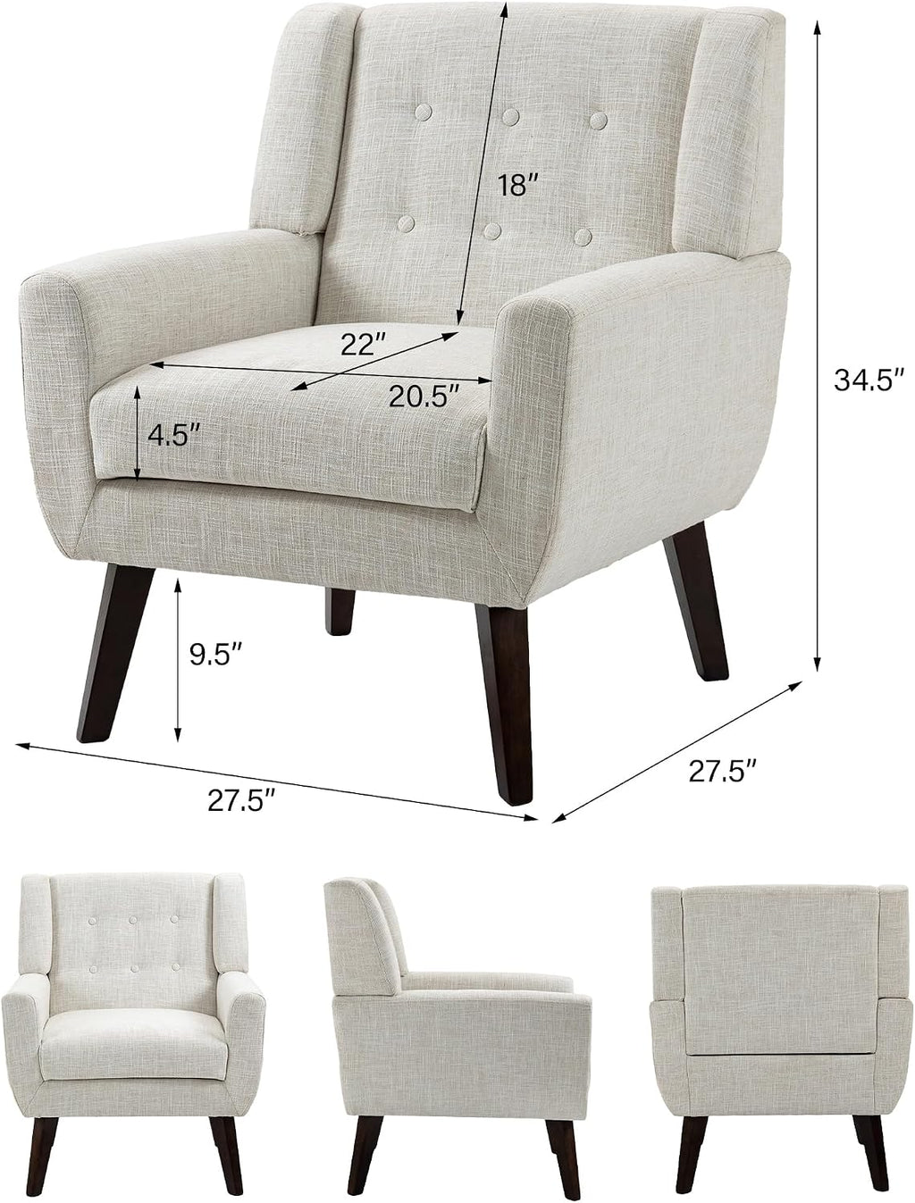 Mid-Century Modern Linen Blend Accent Chair, Beige, Set of 2 | Tufted Button Backrest, 4.5" Plush Seat Cushion, Solid Wood Frame, Easy Assembly, For Living Room Bedroom, & Small Spaces