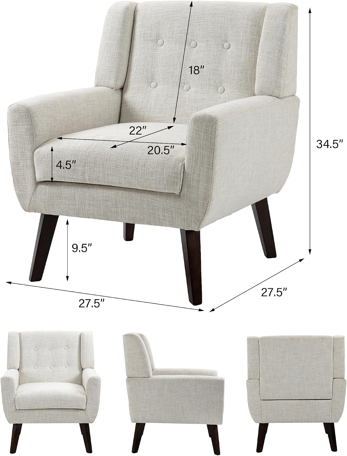 Mid-Century Modern Linen Blend Accent Chair, Beige, Set of 2 | Tufted Button Backrest, 4.5" Plush Seat Cushion, Solid Wood Frame, Easy Assembly, For Living Room Bedroom, & Small Spaces