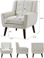 Mid-Century Modern Linen Blend Accent Chair, Beige, Set of 2 | Tufted Button Backrest, 4.5" Plush Seat Cushion, Solid Wood Frame, Easy Assembly, For Living Room Bedroom, & Small Spaces