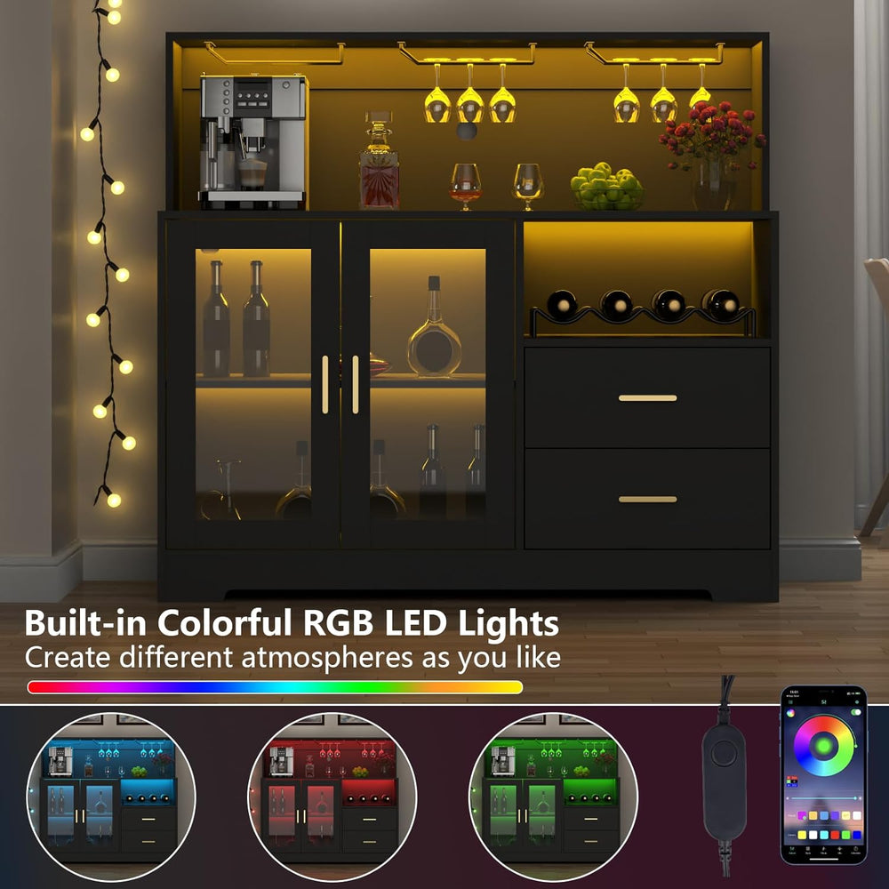 Bar Cabinet for Home with LED Light,Coffee Bar Cabinet w/ Wine & Glass Ra...