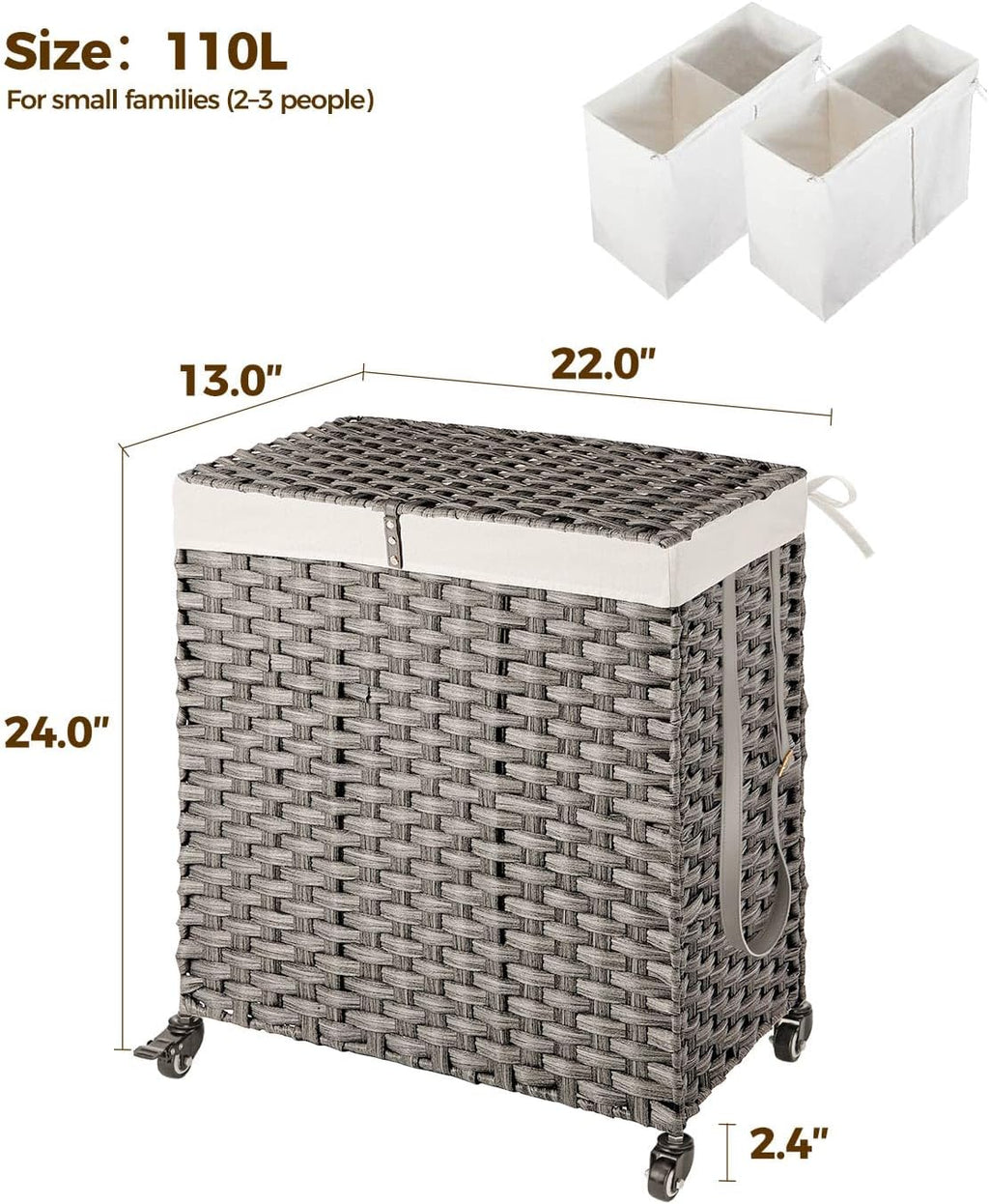 Greenstell Laundry Hamper with Wheels, No Install Needed, 110L Divided Handwoven Hampers & 2 Removable Liner Bags, Rattan Clothes Laundry Basket with Lid & Handles, Foldable Hampers Gray 22x13x26.4 In