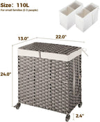 Greenstell Laundry Hamper with Wheels, No Install Needed, 110L Divided Handwoven Hampers & 2 Removable Liner Bags, Rattan Clothes Laundry Basket with Lid & Handles, Foldable Hampers Gray 22x13x26.4 In