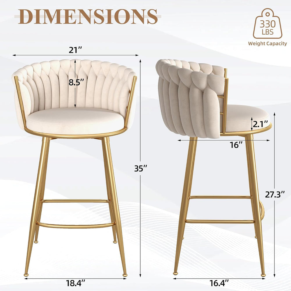 Beige Velvet Bar Stool Set of 2, 27" Counter Height with Woven Backrest