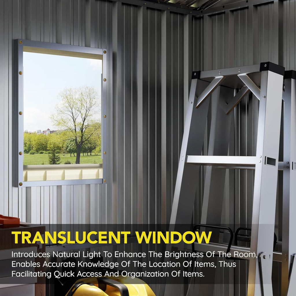 6x8FT Outdoor Metal Storage Shed, Double Door, 1 Clear Window, Tool Shed for Garden, Patio, Backyard Brown