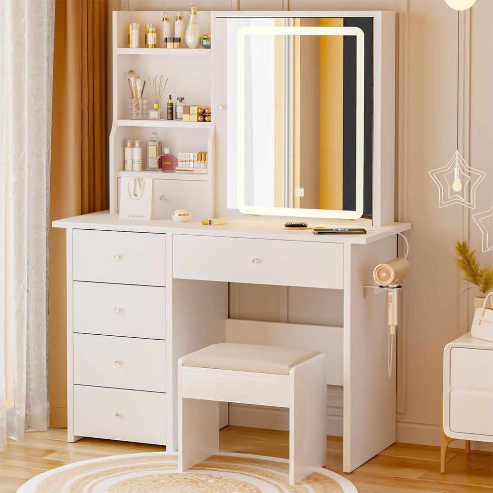 Vanity Desk with Mirror and LED Lights, Makeup Vanity Set with Power Outlet, ...