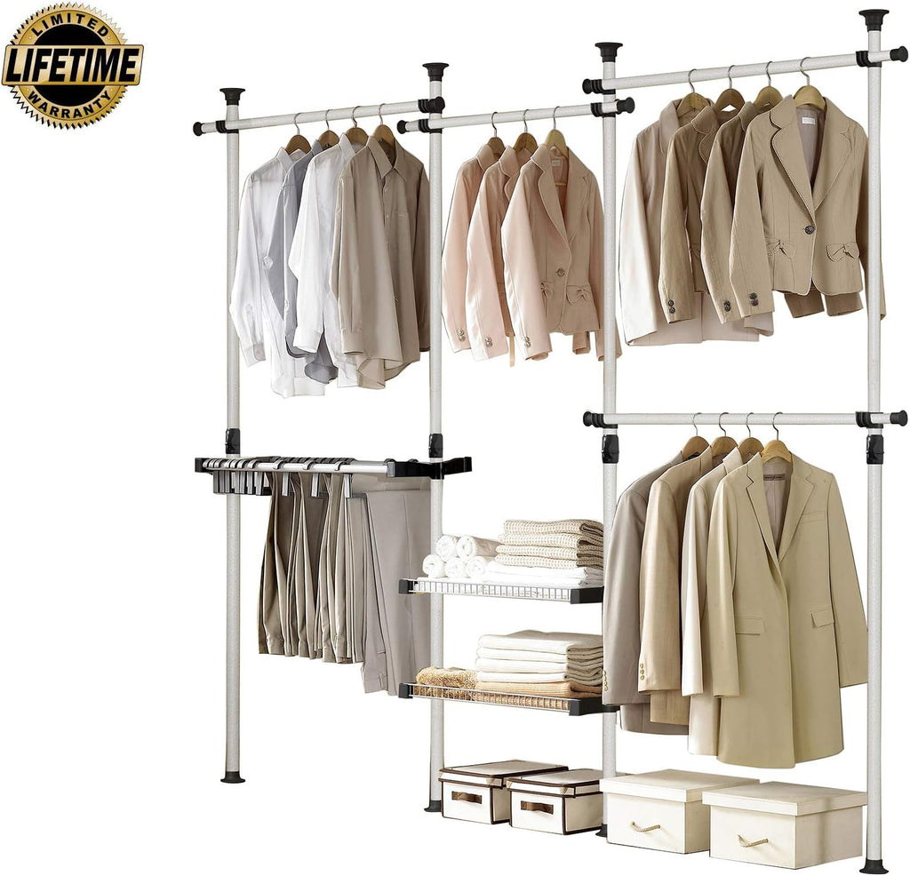 Prince Hanger Deluxe Pants & Shelf Hanger Heavy Duty One Touch Load 880LBS Clothing Racks for Hanging Clothes Metal Wardrobe Closet Garment Tension Rod Freestanding Ivory Height Adjustable PHUS-0052