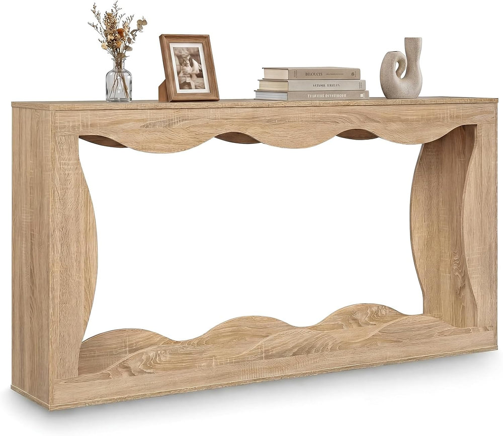 GIANTEX 63" 2-Tier Farmhouse Console Table with Built-in Wavy Storage Sp...