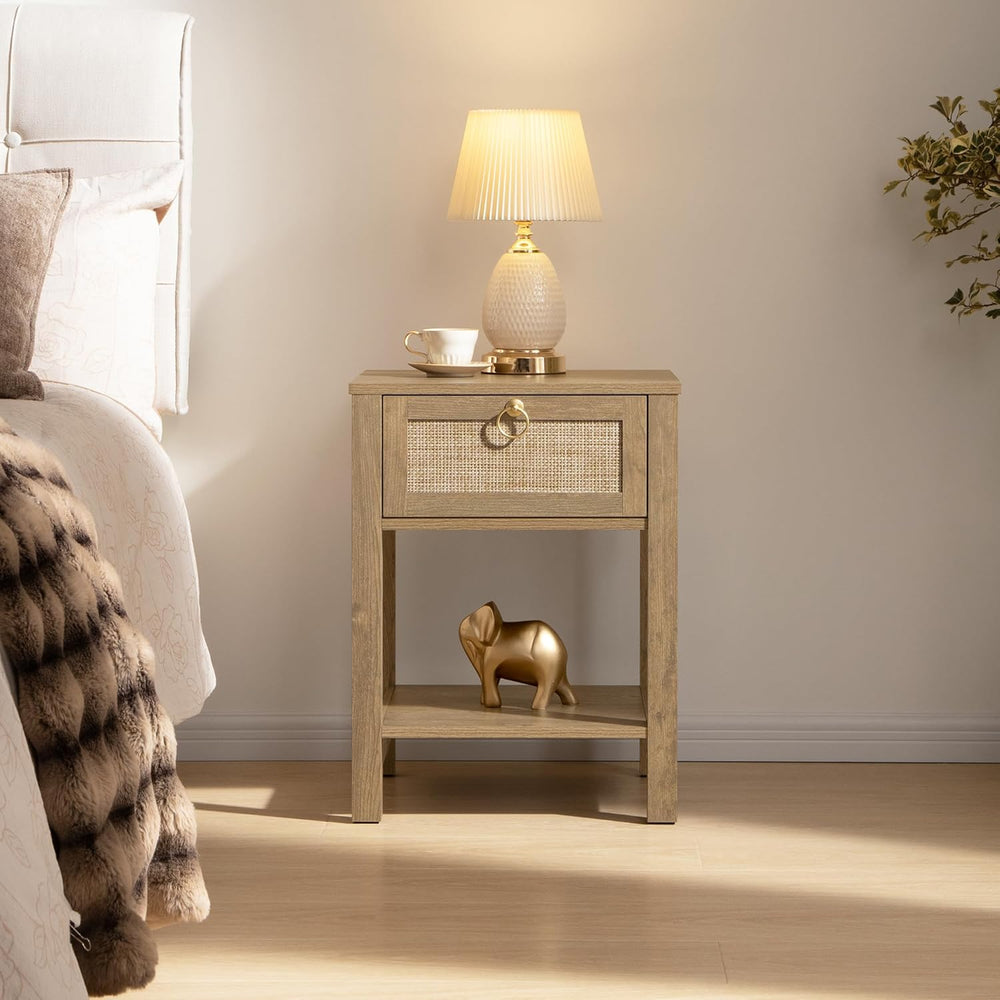 SICOTAS Rattan Nightstand Set of 2 with Storage Shelf, Boho Bedside Tables