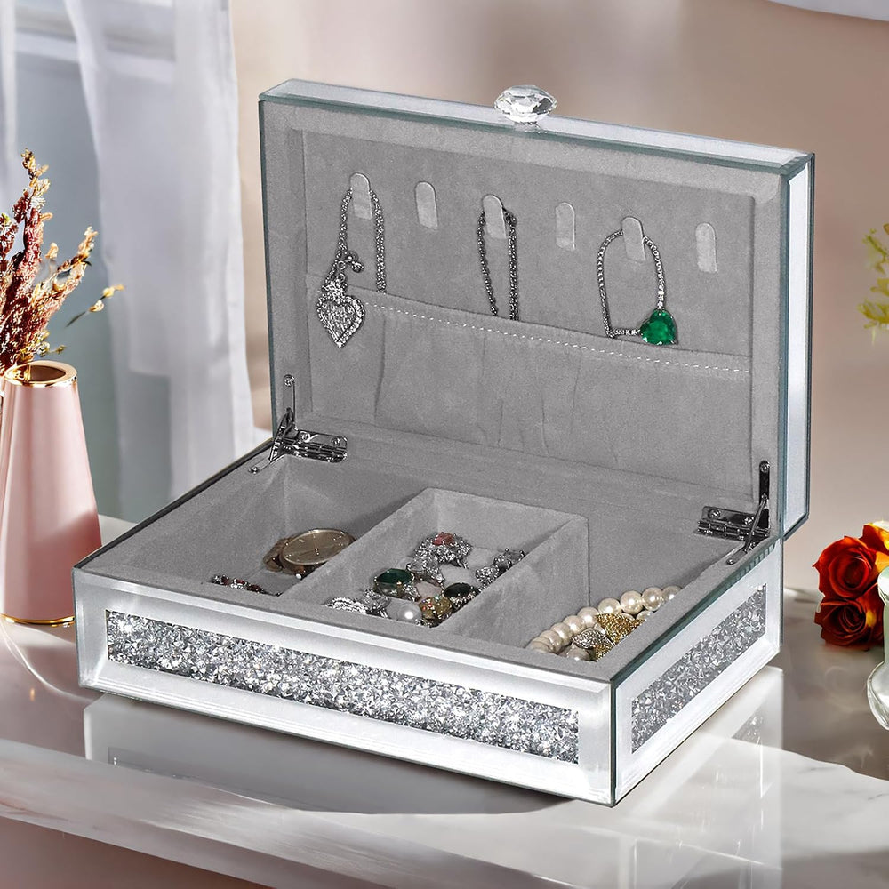 Mirrored Jewelry Box with Lid, Crushed Diamond Bling Jewelry Organizer for Wo...