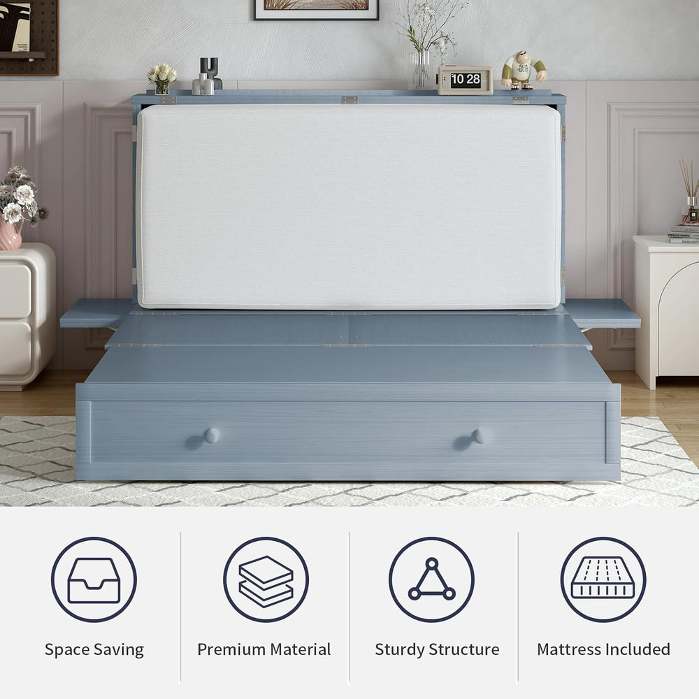 ijuicy Murphy Cube Bed Queen with Memory Foam Mattress-Grayish Blue | USB Cha...